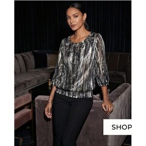 Chico's 2 Metallic Silver Black Striped Blouse‎ Smocked Hem 3/4 Sleeve Top Large